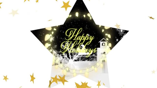 Animation of snowflakes over star shaped banner against happy holidays text and winter landscape