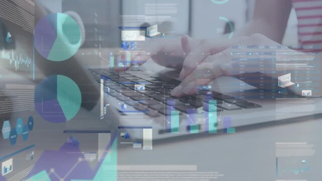Animation of statistical data processing against mid section of woman using laptop at office