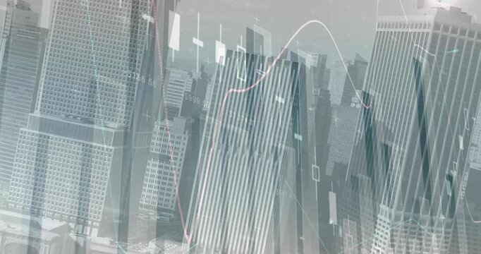Animation of statistical data processing over world map against inverted tall buildings