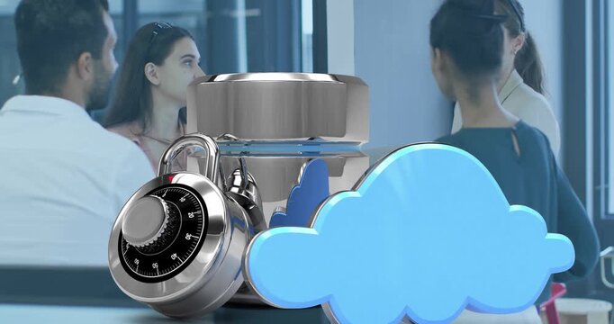 Animation of cloud server security icon over group of diverse colleagues discussing at office