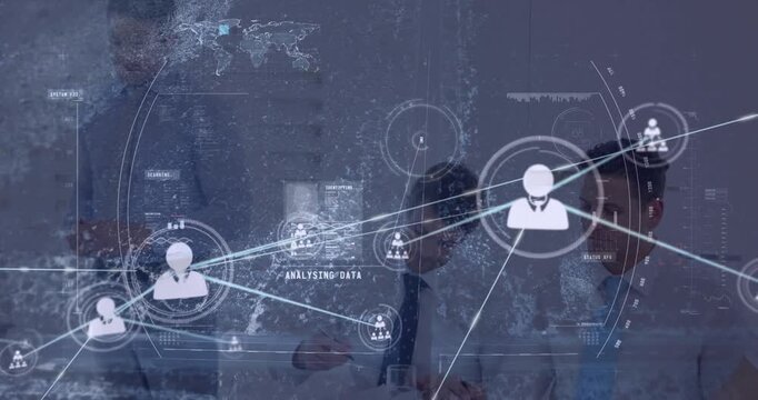Animation of connected icons, map and aerial view of vehicles, diverse coworkers discussing reports