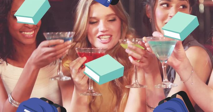 Animation of school icons over diverse friends at bar