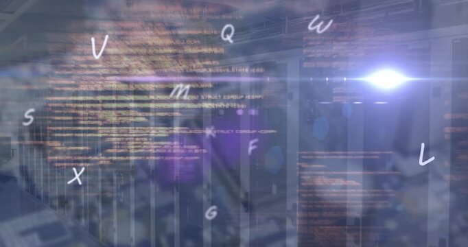 Animation of letters, lens flare and programming language moving over data room