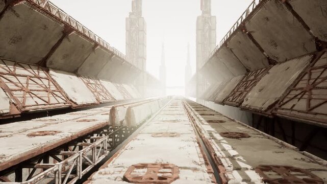 Dusklit concrete passageway with ominous shadows, narrow rail line flanked by towering segmented walls, drifting fog and scattered debris, tense mood
