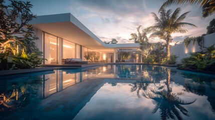 Fototapeta premium Luxury villa exterior at twilight with warm lights reflecting in a crystal clear pool. Premium vacation resort atmosphere with palm trees and modern design.
