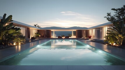 Fototapeta premium Luxury villa exterior at twilight with warm lights reflecting in a crystal clear pool. Premium vacation resort atmosphere with palm trees and modern design.