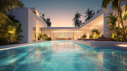 Fototapeta premium Luxury villa exterior at twilight with warm lights reflecting in a crystal clear pool. Premium vacation resort atmosphere with palm trees and modern design.