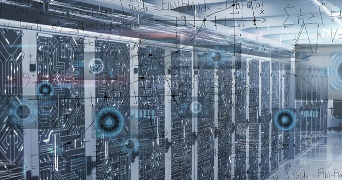 Animation of round scanners, mathematical equations and microprocessor connections over server room