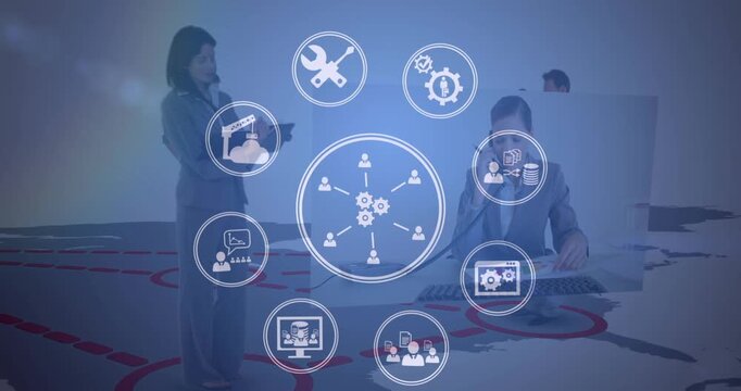 Animation of digital icons spinning over diverse businesspeople working over a world map