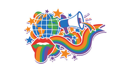 Naklejka premium Rainbow Tongue Globe Megaphone Stars Vibrant Multicolored Pop Art Style Black Background