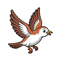 Fototapeta premium A cartoon sparrow flies freely with its wings spread wide in the air.