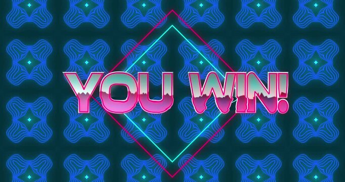 Animation of glitch effect over you win text banner against blue kaleidoscopic patterns