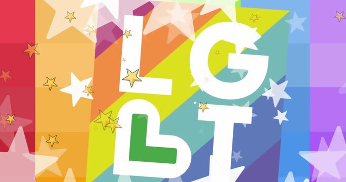 Colorful LGBT text over a vibrant rainbow background, with copy space