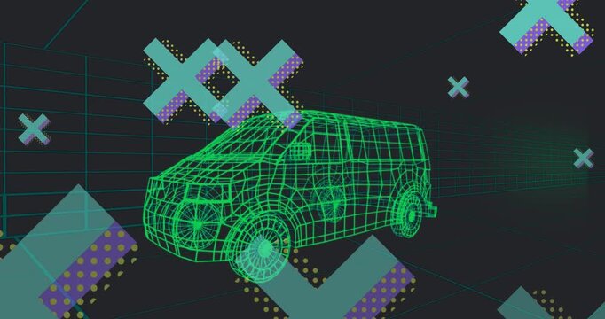 Animation of abstract cross shapes over 3d van model moving in seamless pattern in tunnel