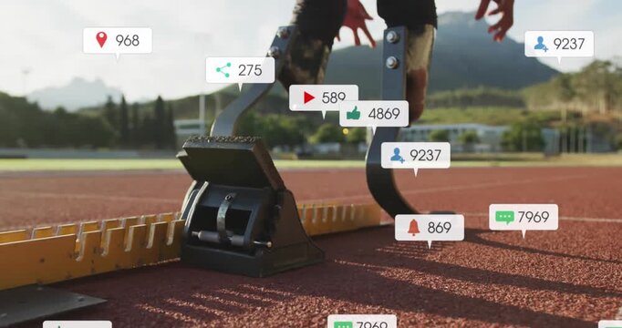 Animation of notification bars over african american athlete taking position at starting point