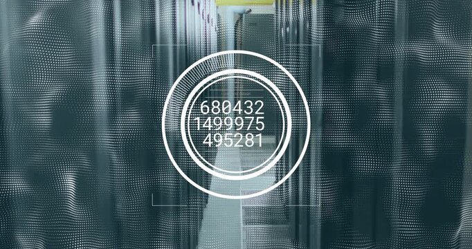 Animation of changing numbers over round scanner and digital waves against computer server room