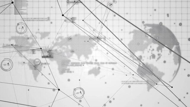 World map with connecting lines and data points, global network animation