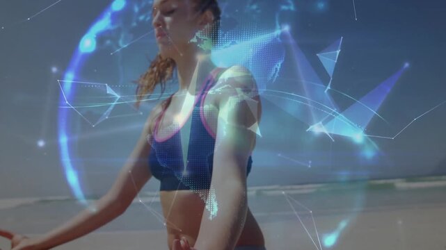 Meditation pose initiating drifting polygons around woman on beach forming rotating health globe