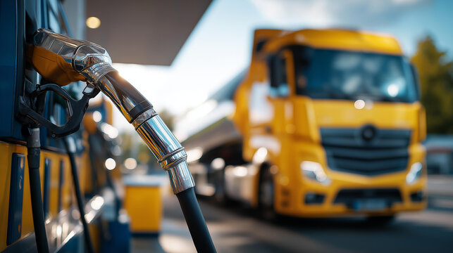 Close up of a fuel nozzle inserted into the tank of a bright yellow truck at a fuel station the yellow paint and chrome trim catching harsh midday sunlight the pump display and