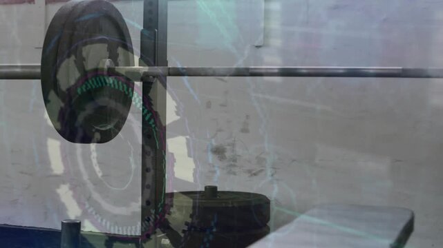 Faint HUD starting, loaded barbell moving into view, teal band sweeping, revealing gear diagnostics