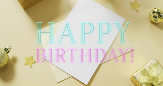 HAPPY BIRTHDAY text starting fading in over white card, shifting cyan or magenta, revealing greeting