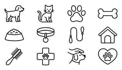 Fototapeta premium Pet Care Line Icons Set – Dog, Cat and Animal Care Outline Symbols