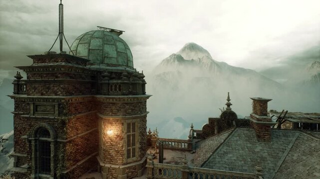 opulent palace at dusk with golden lights, ornate rooftop silhouettes and snowy peaks, festive gala atmosphere suited for luxury events, editorial fashion