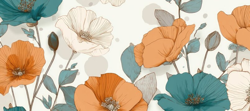 Delicate floral pattern with orange, teal, and cream poppies on a light background