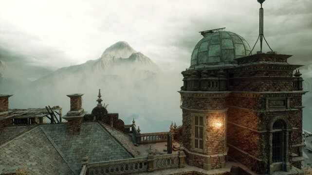 foggy stone dome with warm lanterns. rooftop parapet overlooking misty valley, aged metal antenna, soft snowfall, amber reflections on wet masonry, quiet vigil