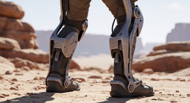Close-up of futuristic exosuit legs with advanced technology, walking in a desert landscape with canyons in the background.