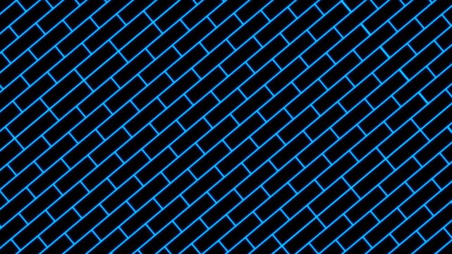 Glowing blue outline brick wall seamless loop animation moving diagonally from top right corner to bottom left corner on black background. 4K animated glowing brick outline for background looping.