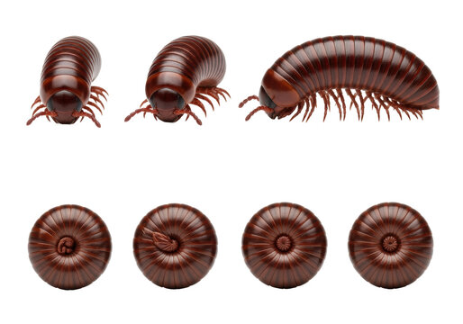 Eight dark brown segmented pill millipedes isolated on white, four crawling and four tightly curled into defense spheres, showing glossy chitinous texture, rigorous biological study concept