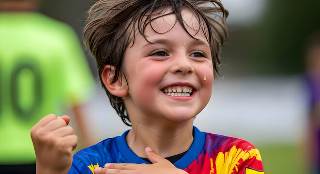 Child celebrating goal in soccer game with joy. Playful excitement happiness and passion for sport captured in energetic childhood moment on field scene.