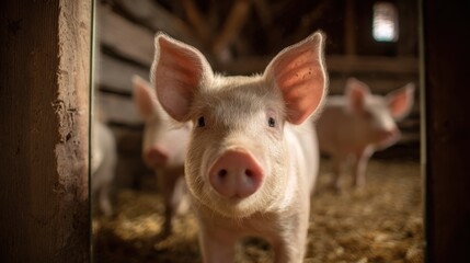 Curious pig looks at its own reflection in the mirror in a barn during natural light hours