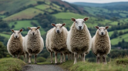 Naklejka premium Sheep waiting in line on a sunny day as if at an airport security checkpoint