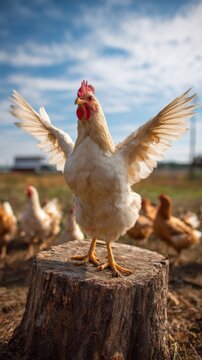 Chicken conductor leads choir of farm birds on a tree stump in bright daylight