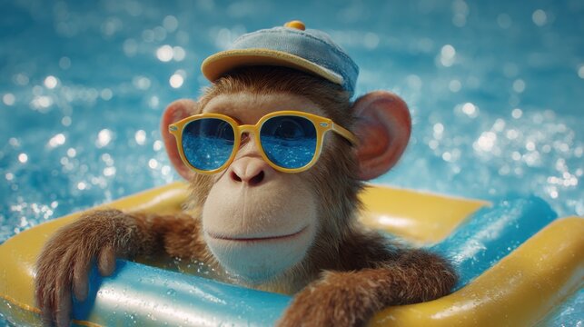 Monkey enjoys sunny day on float in pool with sparkling water and funny sunglasses