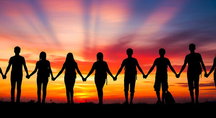 Fototapeta premium Seven silhouettes holding hands at vibrant sunset