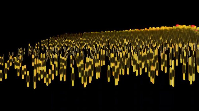 Procedural 3D candlestick chart forest in amber and gold. Highlights financial market volatility and high-intensity crisis hotspots. Native Alpha Channel included. Optimized for 16:9 display.