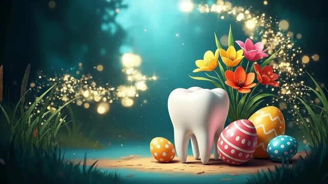 White tooth with blooming flower stem surrounded by colorful easter eggs and spring flowers. Whimsical dental easter concept. Oral health holiday illustration for seasonal greetings and fun hygiene