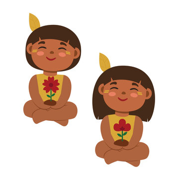 &Iacute;ndios brasileiros sentados de pernas cruzadas com flores nas m&atilde;os - ilustra&ccedil;&atilde;o vetorial