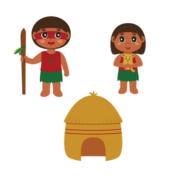 &Iacute;ndigenas brasileiros e oca (casa ind&iacute;gena) - ilustra&ccedil;&atilde;o vetorial