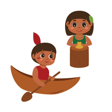 &Iacute;ndigenas brasileiros na canoa e fazendo artesanato - ilustra&ccedil;&atilde;o vetorial