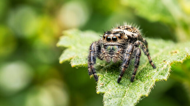 Jumping spider perched on a green leaf in bright daylight. Detailed view reveals iridescent chelicerae and hairy legs against a soft blurred green background conveying calm.