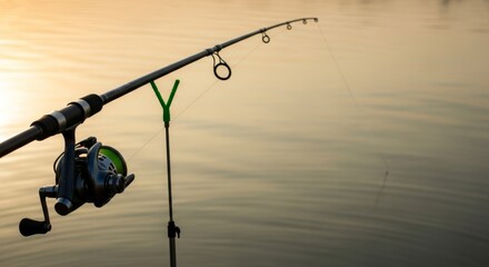 Obraz premium Fishing rod casting at sunrise over tranquil lake