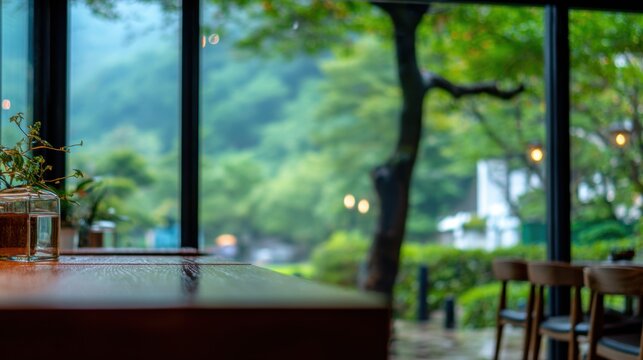 Spring Summer outdoor leisure relaxation activity. A serene outdoor setting, likely a cafe or restaurant, features a wooden table in the foreground.