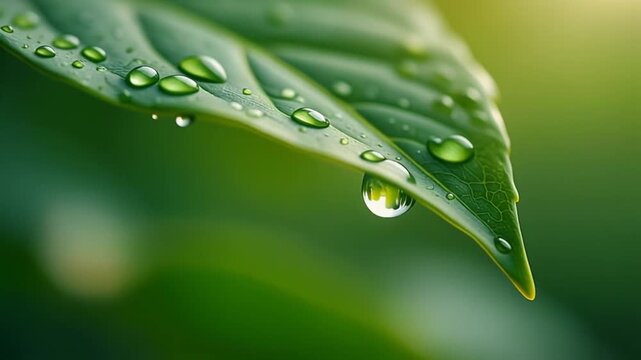 Aesthetic macro illustration: a perfect drop of dew with reflections on the tip of a bright green leaf. Freshness of raw nature, purity and soft bokeh in the style of 3D rendering on a light backgroun