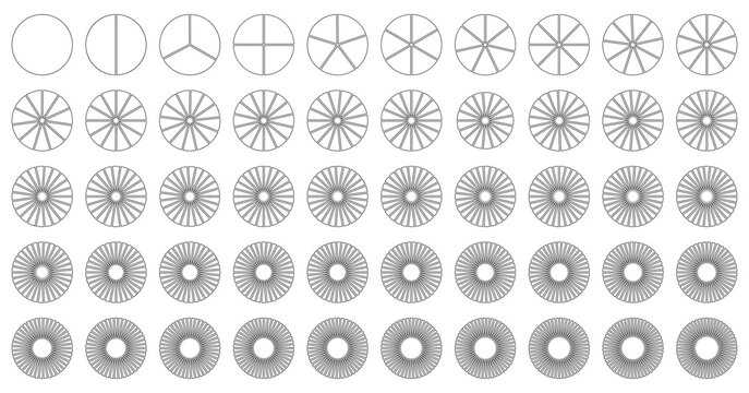 Circle pie chart infographics. Pizza part slice graph vector diagram. Round wheel divide into equal segments. Set of round graphic pie charts icons. Segment of circle infographic.