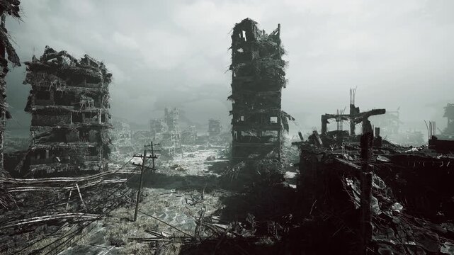 foggy bridge and canal lined with broken towers, collapse and murky reflections dominating scene puddles and siltfilled gutters, girders and arches