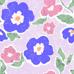 Seamless floral pattern with hand-drawn textured flowers in Nordic blue and pink colors on a light purple background. Abstract botanical print for textile and wallpaper.